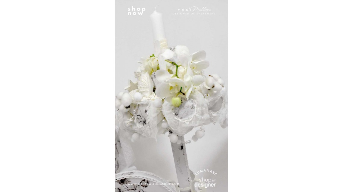 Lumanare de botez alba personalizata cu orhidee phaleonopsis dantela si flori de bumbac 2